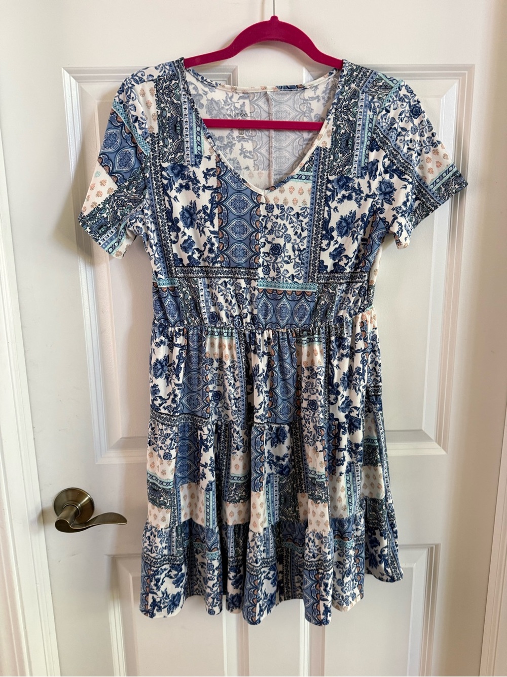 Blue and White Printed V-Neck Women’s Dress